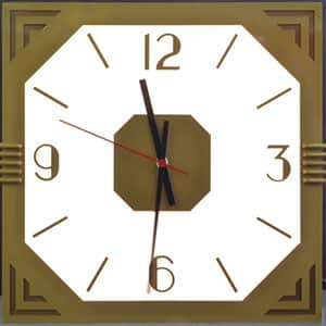 This is a 32-inch x 32-inch Custom-designed and custom-built square clock fabricated of laser-cut aluminum with architectural grade finish in Inca Gold, with an octagonal face or dial, with art deco style dial design made for Potter Stewart United States Courthouse in Cincinnati Ohio. 